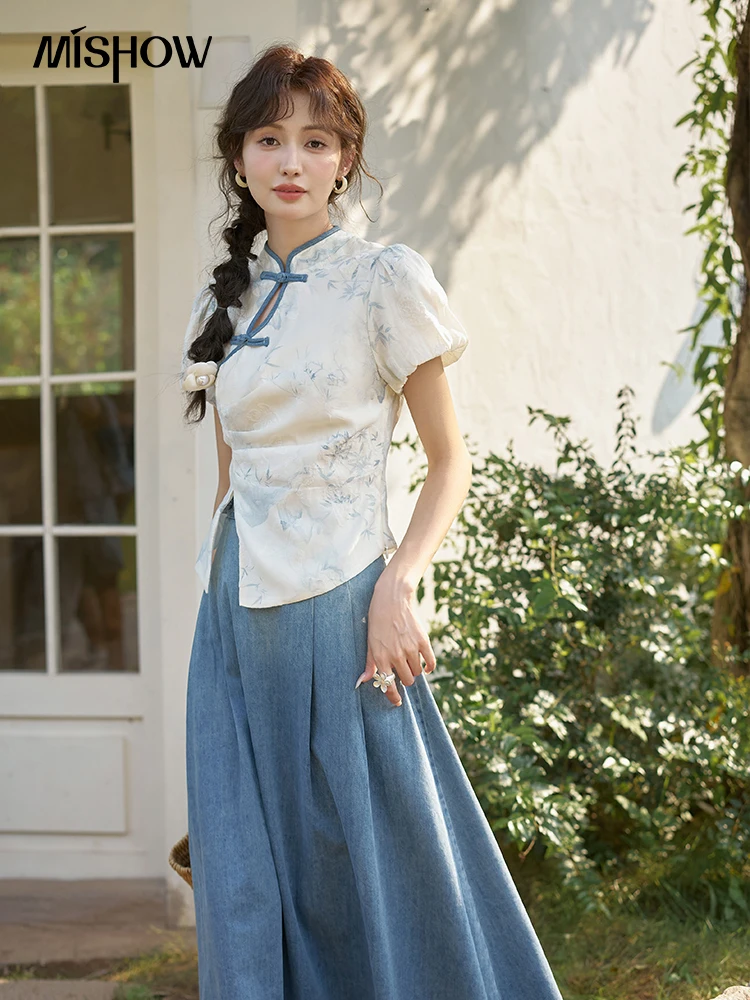 Embroidery Tshirt - MISHOW-Camiseta bordada china, falda de cintura