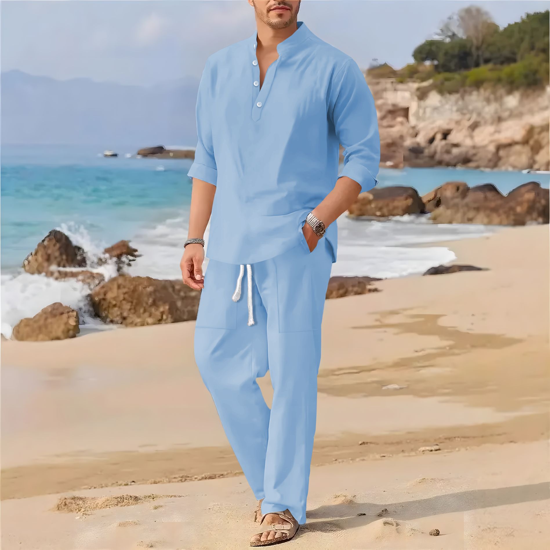 Linen Fabric Natural - Traje casual de manga larga con
